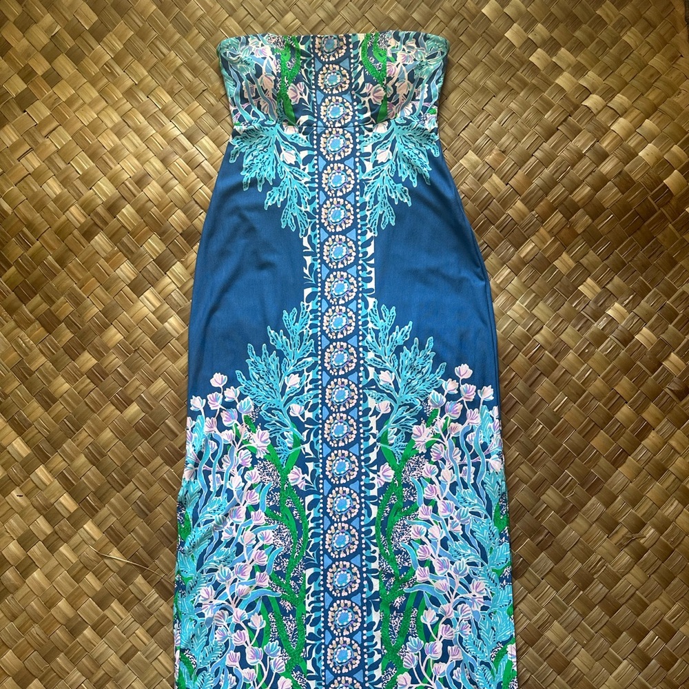 Lilly Pulitzer Noa Strapless Maxi Dress Blue Floral